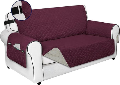 PureFit Reversible Sofa Cover Water Resistant Loveseat Couch Cover, Machine Washable Furniture Cover with Non-Slip Foam and Adjustable Strap for Dogs, Pets (Loveseat, Wine/Beige)