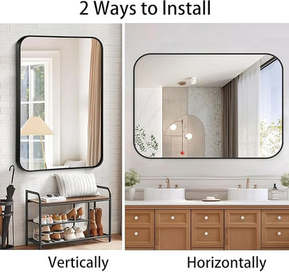48x30 Inch Black Wall Mirror for Bathroom, Brushed Metal Framed Mirror with Rounded Corner, Rectangle Bathroom Vanity Mirror for Bedroom or Living Room, Horizontal/Vertical