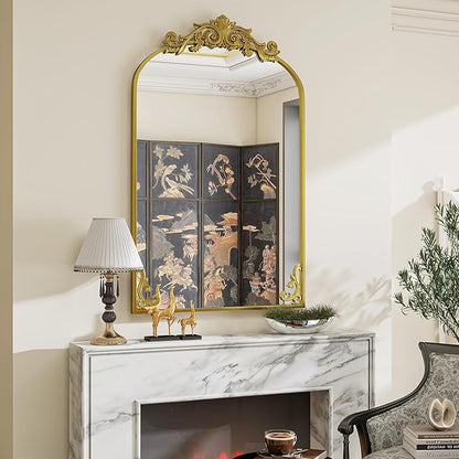 26x38 inch Vintage Arched Bathroom Mirror - Gorgeous Wall Vanity Mirror with Beautiful Retro Top and Bottom Engraving Process Frame for Entryway Hallway Living Room, Gold