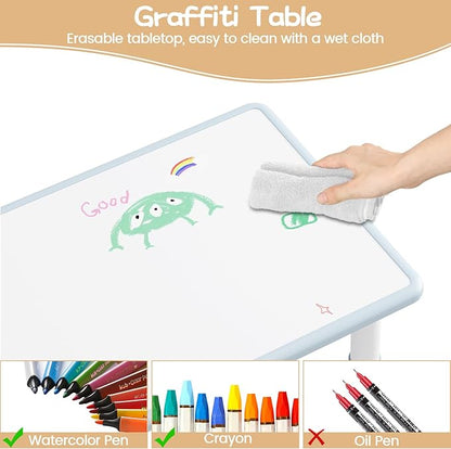 GarveeHome Kids Table and 4 Chairs Set, Height Adjustable Toddler Table and Chair Set, Graffiti Desktop, Children Study Table for Home Daycare Preschool for Ages 2-8