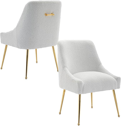 Modern Velvet Dining Chairs Set of 2, Contemporary Upholstered Furniture Collection with Polished Gold Metal Legs, Elegant Accent Chairs for Kitchen Living Room(Teddy Fleece,White)