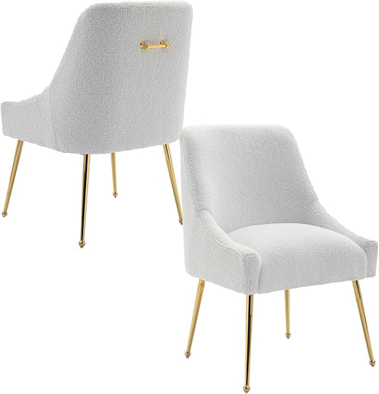 Modern Velvet Dining Chairs Set of 2, Contemporary Upholstered Furniture Collection with Polished Gold Metal Legs, Elegant Accent Chairs for Kitchen Living Room(Teddy Fleece,White)