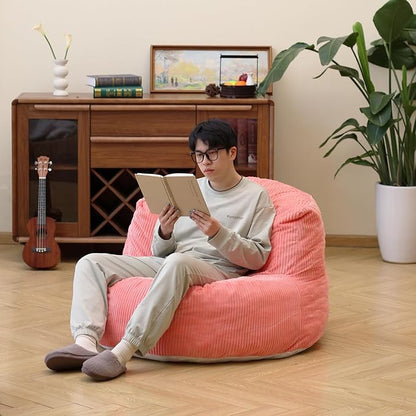 N&V Large Crescent Bean Bag Chair, Adult Size Bean Bag Sack, Foam Filling, Soft Premium Corduroy Bean Bag for Living Room Bedroom Dorm and Office (Salmon)