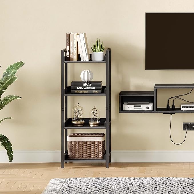 Rolanstar Bookshelf, 4-Tier Storage Rack, Narrow Corner Bookshelf, Display Wooden Shelves for Living Room, Bathroom, Balcony, Kitchen,Black