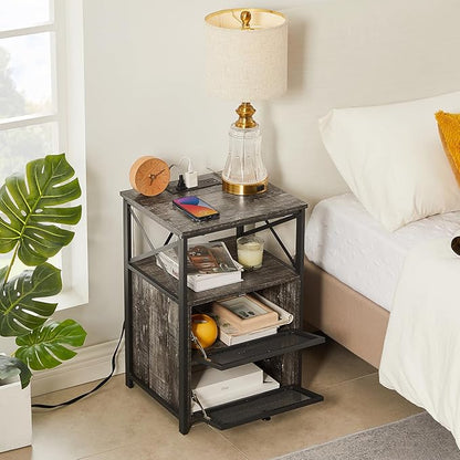 VECELO Oak Gray End Table with USB Ports and Outlets,24 Inch Nightstands with Charging Station and Storage Shelf for Bedroom,Living Room, 1 Set