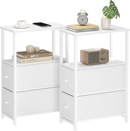 TUTOTAK Small Narrow End Table, Set of 2, Side Table, Nightstand with 2 Cloth Drawers, Couch Table, for Living Room, Bedroom, Bedside, White TB01BW054