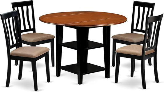 East West Furniture SUAN5-BCH-C 5 Piece Kitchen Table & Chairs Set Includes a Round Dining Table with Dropleaf & Shelves and 4 Linen Fabric Dining Room Chairs, 42x42 Inch, Black & Cherry