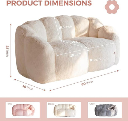 MAXYOYO Bean Bag Chair for Adults, Loveseat Floral Shaped Bean Bag Sofa, Ultra Soft Love Seat Mini Sofa Couch, Faux Fur Reading Chair for Living Room Bedroom, Beige