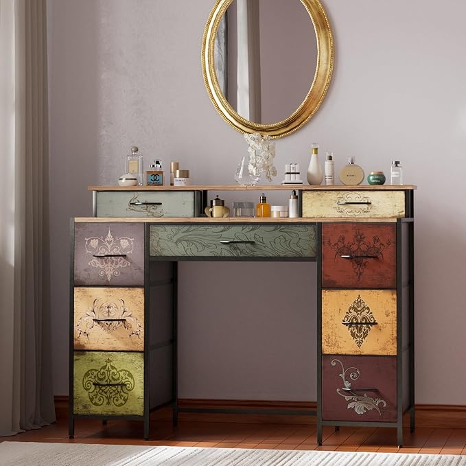 Dresser for Bedroom with 9 Drawers & 2 Open Shelves, Fabric Storage Cabinet, Chest of Drawers, Long Dresser for Closet, Wooden Top & Metal Frame, Pattern