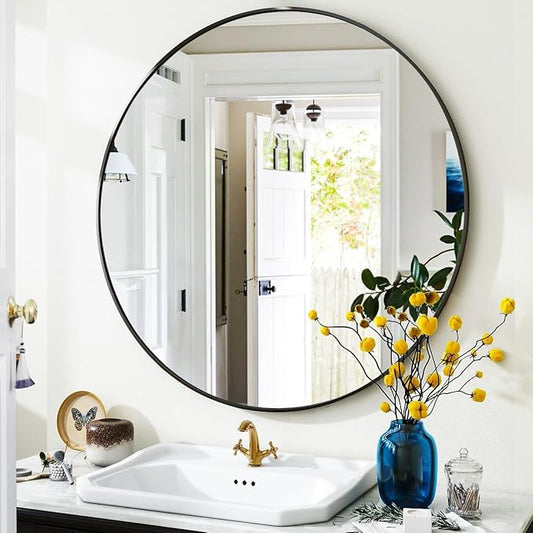 Black Round Bathroom Mirror, 24 inch Circle Wall Mounted Hanging Mirror with Simple Modern Circular Metal Frame for Hallway, Entryway, Living Room, Black Frame