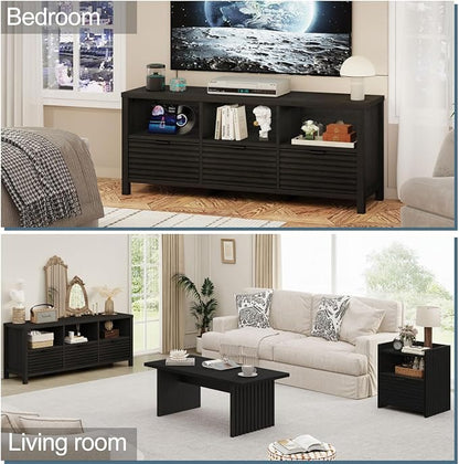 BON AUGURE Black TV Stand, Modern Entertainment Center with Storage Drawers for 65 55 50 in TVs, Wood Fluted Television Media Console Cabinet for Living Room, Bedroom (Black Oak)