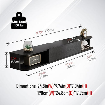 Pmnianhua Floating TV Stand with Drawer,74'' Wall-Mounted TV Cabinet,Floating TV Console,Under TV Entertainment Shelf with Storage for Bedroom Living Room(Black)