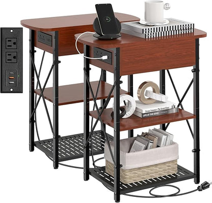 Narrow Side Table with Charging Station, End Tables Set of 2 for Small Spaces, Flip Top End Table with Storage, Side Tables Set 2 Living Room, Nightstand with Drawer for Bedroom, Cherry