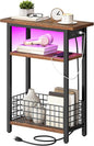 HOOBRO Narrow Side Table with Charging Station and LED Light, Small End Table with Storage, Skinny Nightstand with USB Port, Slim Bedside Table for Small Spaces, Living Room, Rustic Brown BF242UDBZ01