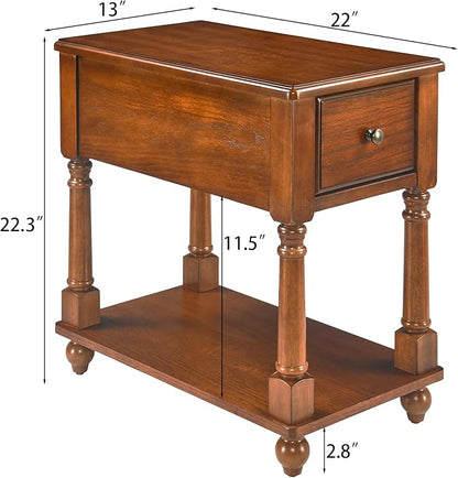 LEEMTORIG Solid Wood End Table Narrow Side Table with Drawer, Cherry Wood End Table living room, 13"W Slim Bedside Table Small Nightstand, 22"D x 22.3"H, No-tools Assembly, Beeswax Brown BBJ-004-DR