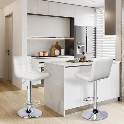 Bar Stools Set of 2,Armless Adjustable Swivel Barstools with Back,6-Squares Double Needle PU Leather Counter Height Bar Stools for Kitchen Island,White