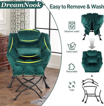 Lazy Chair with Ottoman, Modern Accent Chair with Lumbar Pillow, Comfy Chairs with Folding Footrest for Bedroom, Reading, Oversized Supportive Lounge Chairs(Velvet Dark Green)