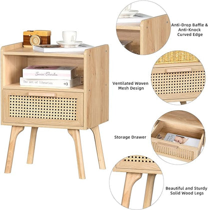 Lerliuo Rattan Nightstand, Boho Side Table with Drawer Open Shelf, Cane Accent Bedside End Table with Solid Wood Legs for Bedroom, Dorm and Small Spaces (Natural)