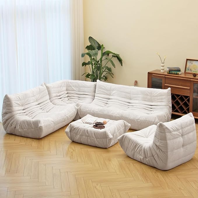 N&V Fireside Chair, Mid Century Armless Floor Sofa, Soft Premium Chenille Floor Lounge Chair, Foam Sofa Accent Chair for Living Room Bedroom and Office (White, Ottoman)