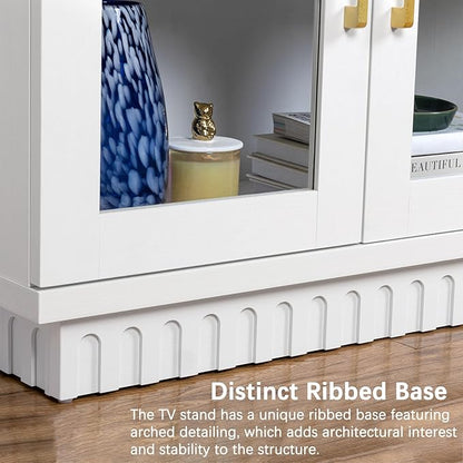TV Stand for TVs up to 65 Inch, Entertainment Center with Storage Cabinets, Contemporary Modern TV Cabinet Media Console Table with Glass Doors for Living Room Bedroom, Montauk White