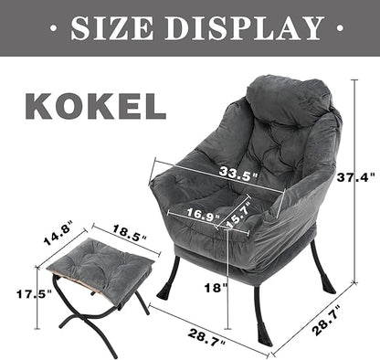 Lazy Chair with Folding Ottoman, Living Room Accent Contemporary Lounge Chair, Single Steel Frame Leisure Sofa with Armrests and Side Pocket (Dark Gray)