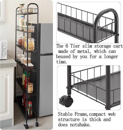 6 Tier 10in Slim Rolling Storage Cart with Handle, Mobile Shelving Unit with Wheels, Metal Wire Storage Rack with Baskets for Kitchen Bathroom Office Laundry Narrow Piaces