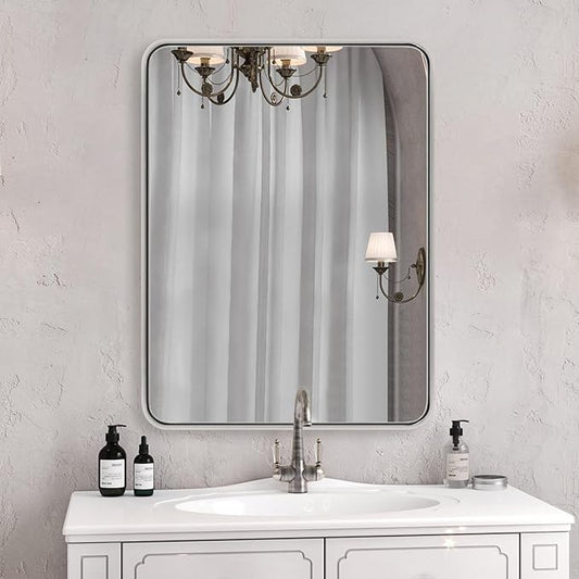 ANDY STAR 24x32 INCH Chrome Mirrors for Bathroom, Polished Nickel Bathroom Mirror, Rounded Rectangle Mirror, Anti-Rust SUS304, Tube Metal Frame, 1’’ Deep Wall Mounted Vertically/Horizontal