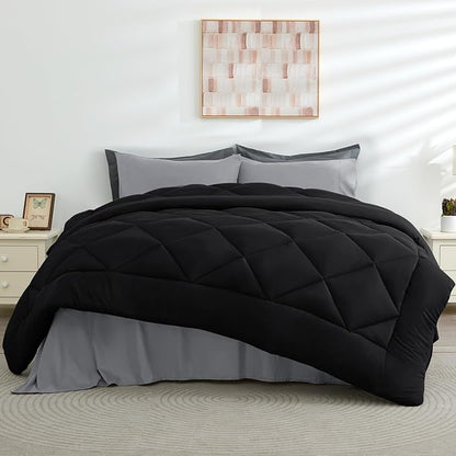 HEVUMYI Oversized Queen Comforter Set - 7-Piece All Season Bed in a Bag Oversized Queen, Ultra Soft Bedding Set with Comforter, Flat Sheet, Fitted Sheet, Pillowcases, Pillow Shams, Black & Light Grey