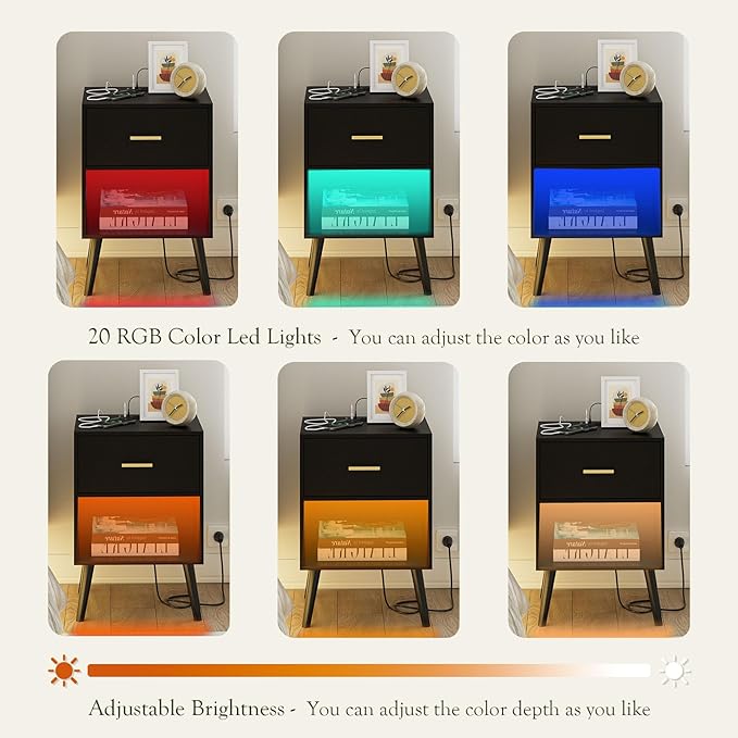 Nightstand with Charging Station and LED Lights, Small Side Table, Bedside Table with Drawer, Modern Night Stand, End Table for Bedroom, Living Room (Black)