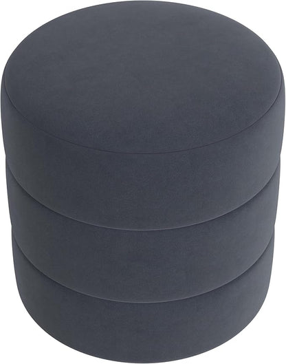 HomePop Upholstered Round Ottoman (No Lid, Seat Only) Home Décor | Round Pouf Foot Rest – Steel Blue Velvet