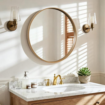 HOMECOOKIN Round Wood Mirror 28 inch Circle Wall Mirror for Bathroom, Vanity, Entryway, Living Room Decor, Natural Boho Accent