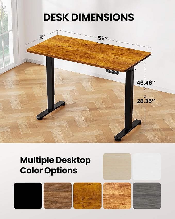 ErGear Height Adjustable Electric Standing Desk, 55 x 28 Inches Sit Stand up Desk, Large Memory Computer Home Office Desk with Two-Piece Desktop (Vintage Brown)