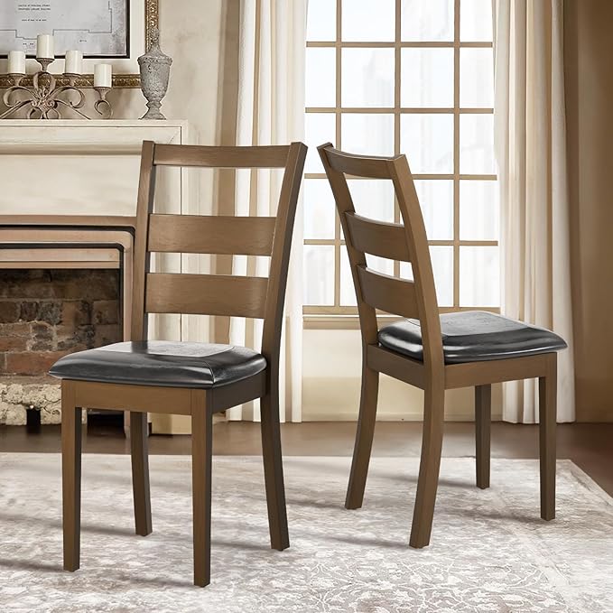 COLAMY Farmhouse Dining Chairs Set of 4, Upholstered Kitchen Chairs with Ladder Back, Modern Wood Side Dining Room Chairs with Wooden Legs for Rustic Restaurant, Dark Brown