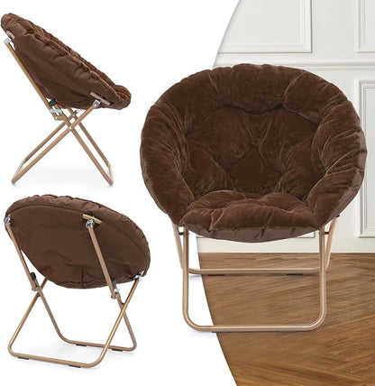 MoNiBloom Round Folding Faux Fur Saucer Chair for Bedroom Living Room Dorm Foldable Metal Frame Oversized Large Comfy Furry Padded Soft Cozy Moon Chair with Footrest Ottoman for Adults (Brown)