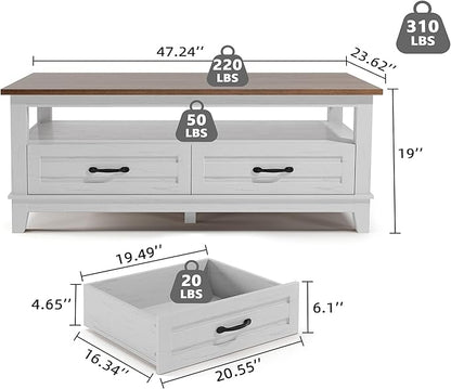 GarveeHome Farmhouse Coffee Table with Drawers, 47.2" Center Table Rustic Coffee Tables White Brown Living Room Table, with Open Shelf and 6 Support Legs