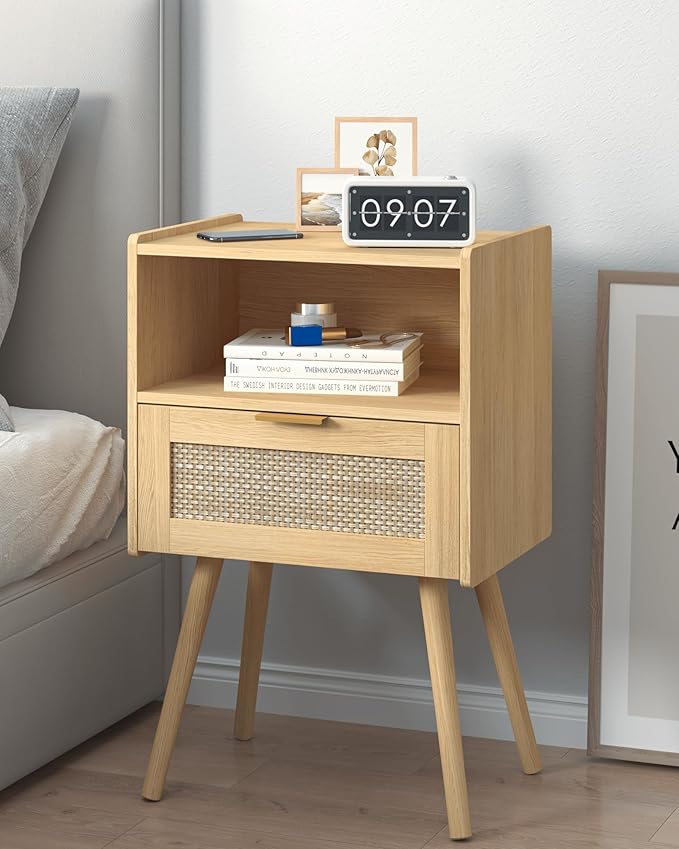 Rattan Nightstand,Modern Bedside Table with Storage Drawer and Open Wood Shelf, for Living Room, Bedroom and Small Spaces, Accent Night Stand with Solid Wood Legs, Easy Assembly,(Oak)