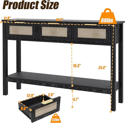Entryway Table, Boho Console Table with 3 Storage Drawers and Storage Shelf, Sofa Table with Socket, for Entryway, Living Room, Behind Couch and Hallway (Black)