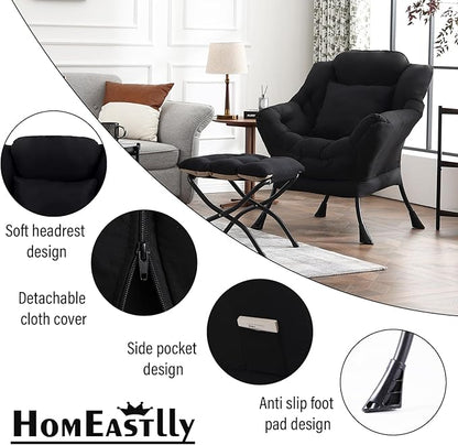Lazy Chair with Ottoman, Modern Lounge Accent Chair with Armrests and a Throw Pillow, Leisure Sofa Chair Set, Reading Chair with Footrest for Living Room, Bedroom, Dorm Room, Midnight Black