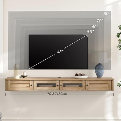WAMPAT Floating TV Stand for TVs up to 80 Inch, Wooden Floating TV Shelf with Storage Cabinet, Modern Floating TV Shelf Entertainment Center for Living Room, Oak