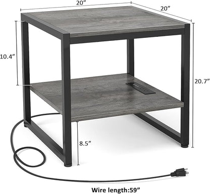 Homieasy End Table with Charging Station, 20 Inch Mini Fridge Stand with 2-Tier Open Shelf, Square Bedside Nightstand & Sofa Side Table for Living Room, Dorm, Office,Black Oak