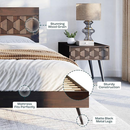 Bme Georgina Signature Bed Frame with Handcrafted Geometric Headboard, Mid Century Modern, Solid Acacia Wood, No Box Spring Needed, 12 Strong Wood Slats Support, Easy Assembly, Walnut, King