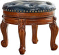 Solid Wood Foot Stool Round Ottoman Mid-Century Footrest Sofa Stool with Microfiber Leather Cushion for Living Room, Bedroom, Entryway (Dark Blue)