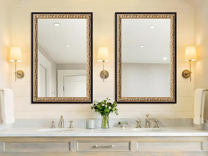 Gold Vintage Mirror 40”x28”, Black Gold Decorative Mirror with Gold Foil Flower Petal Carvings Wooden Frame for Luxe Living Room, Entryway, Bathroom and Bedroom