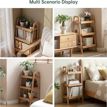 100% Solid Oak 3 Tier Ladder Shelf, Small Bookshelf, Ladder Bookshelf, Bookcase with Stable Frame, Small Table for Living Room Bedroom(Natural, 12.6" L x 17.72" W x 31.5" H)
