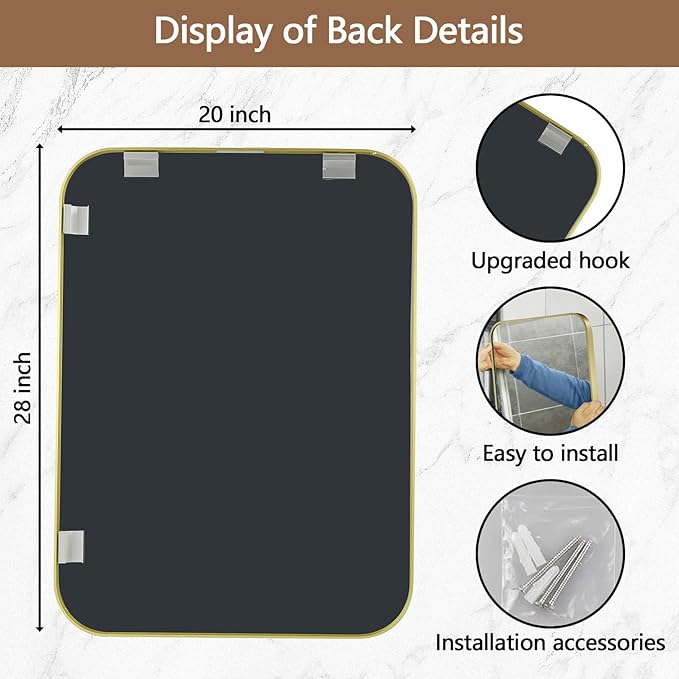 20x28 Inch Gold Mirror, Framed Rectangle Mirror with Rounded Corner, Brushed Brass Mirror, Gold Bathroom Mirror for Over Sink, Vanity, Living Room, Bedroom, Horizontal/Vertical