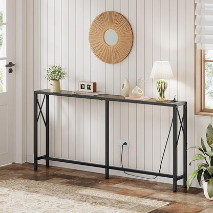 Sofa Table with Oulets and USB Ports, 55.1" Couch Table Behind Sofa, Industrial Long Skinny Stand for Hallway, Living Room, Bedroom, 6.5 Feet Power Cord