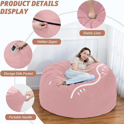 5FT Bean Bag Chair with Ultra Soft Velvet Cover Bean Bag Sofa with Memory Foam Bean Bag Chairs with Large Size Lazy Sofa for Dorm Office Living Room Bedroom Light Pink 5'
