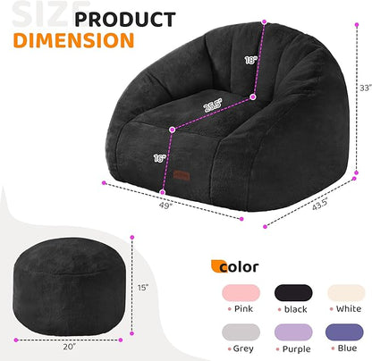 HABUTWAY Bean Bag Chair, Giant Bean Bag Chairs for Adults with Ottoman, Comfy Faux Fur Shell-Shaped Bean Bag Couch, Sofa Chair for Living Room, Bedroom, Black