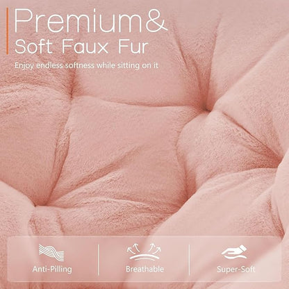 Saucer Chair Faux Fur with Soft and Thick Padded Seat Metal Frame, Modern Style Folding Cozy Chair for Living Room, Bedroom, XL, Pink