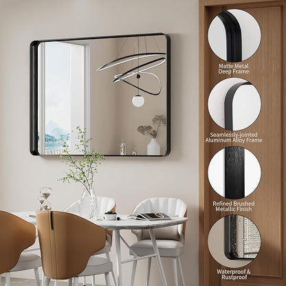 Koonmi Black Bathroom Mirror for Wall, 30x40 Inch Matte Metal Deep Framed Rounded Corner Wall Mirror, Shatterproof Tempered Glass for Farmhouse Bedroom Entryway, Vertically or Horizontally